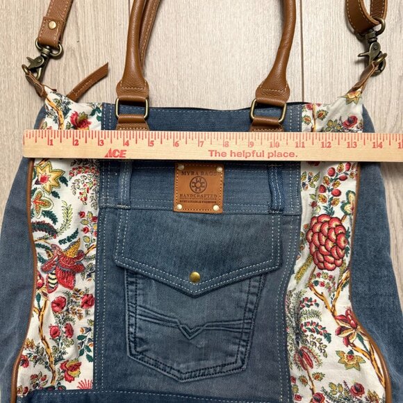 Myra Bag Crimson Glade Floral Denim Shoulder Tote Bag Women's Blue Brown - Picture 6 of 9